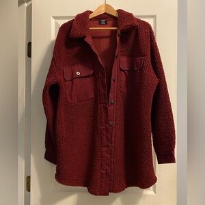 Ardene Women’s Burgundy Teddy Jacket with Button & Pocket Details